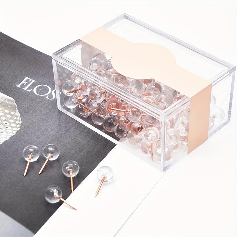 100pcs Large Capacity Transparent Push Pins, Rose Golden Round Head