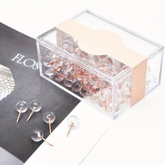 100pcs Large Capacity Transparent Push Pins, Rose Golden Round Head