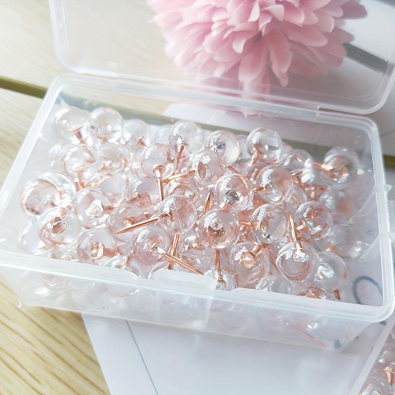 100pcs Large Capacity Transparent Push Pins, Rose Golden Round Head