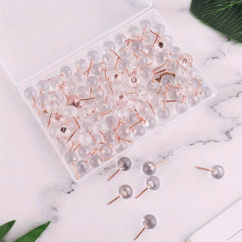 100pcs Large Capacity Transparent Push Pins, Rose Golden Round Head