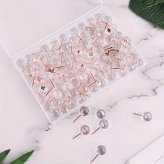 100pcs Large Capacity Transparent Push Pins, Rose Golden Round Head