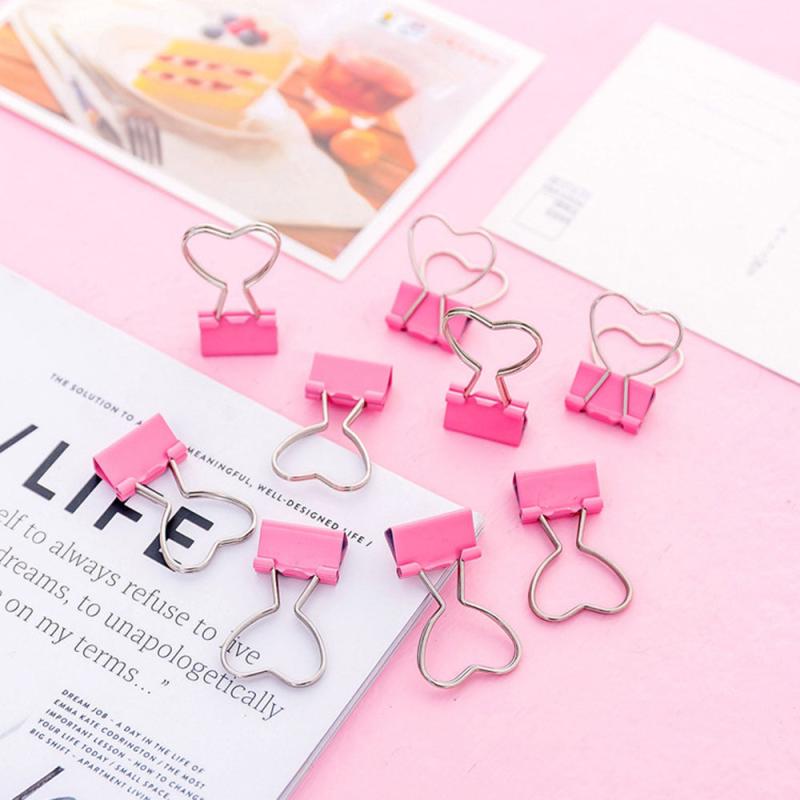 5pcs Pink Heart Hollow Metal Binder Clips Office Supplies