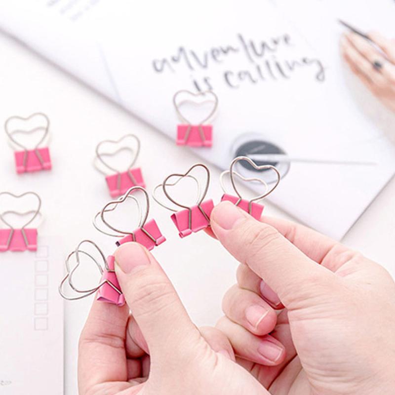 5pcs Pink Heart Hollow Metal Binder Clips Office Supplies