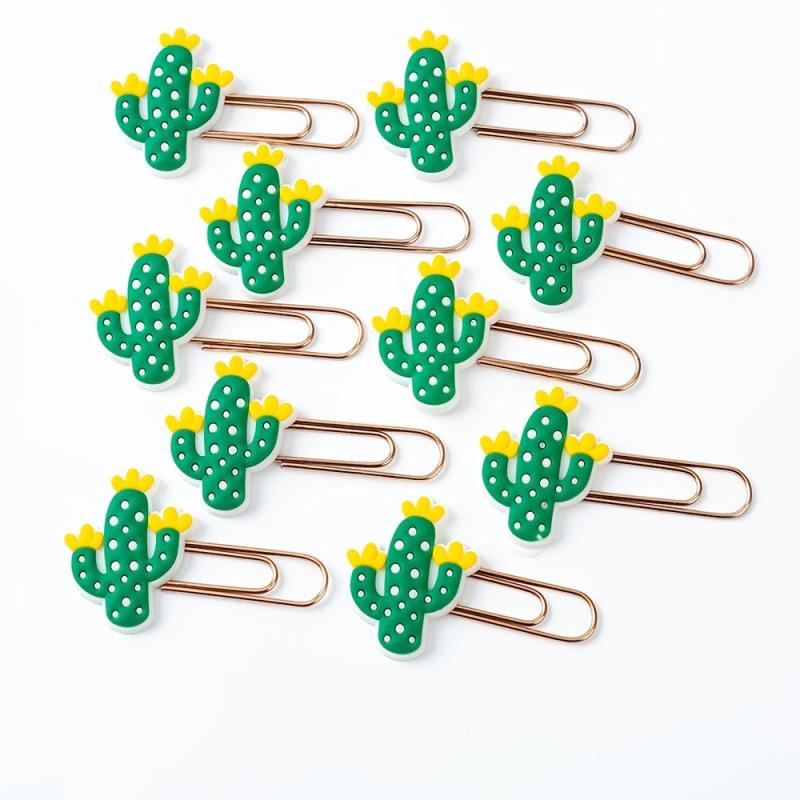 20 Cactus Paper Clips Green Silicone Rose Bookmark Box Office School Supplies
