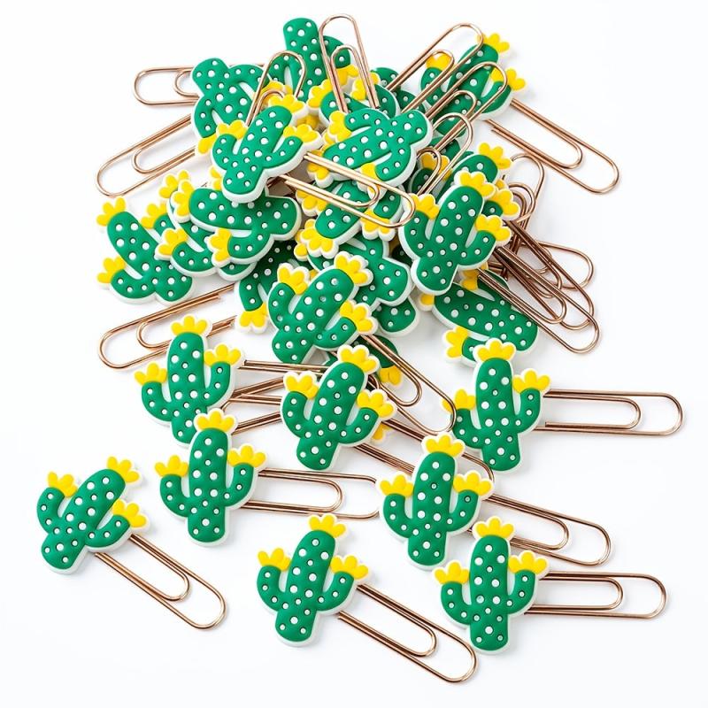 20 Cactus Paper Clips Green Silicone Rose Bookmark Box Office School Supplies