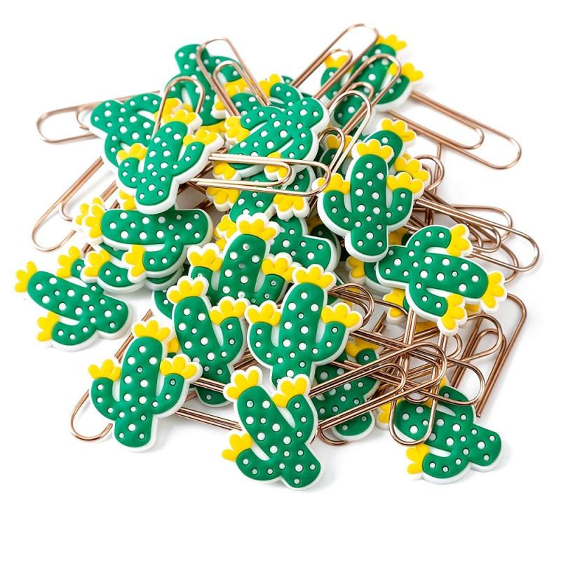 20 Cactus Paper Clips Green Silicone Rose Bookmark Box Office School Supplies
