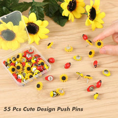 55pcs Sunflower Bee Ladybug Push Pins Wooden Bees Ladybugs Decorative Flowers