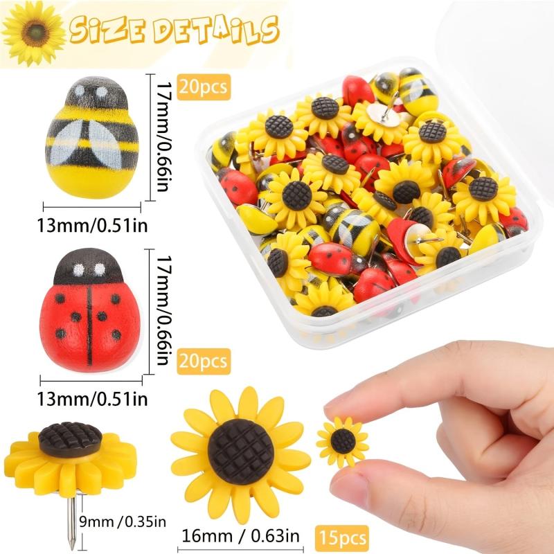 55pcs Sunflower Bee Ladybug Push Pins Wooden Bees Ladybugs Decorative Flowers