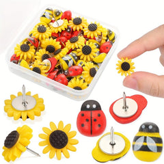 55pcs Sunflower Bee Ladybug Push Pins Wooden Bees Ladybugs Decorative Flowers