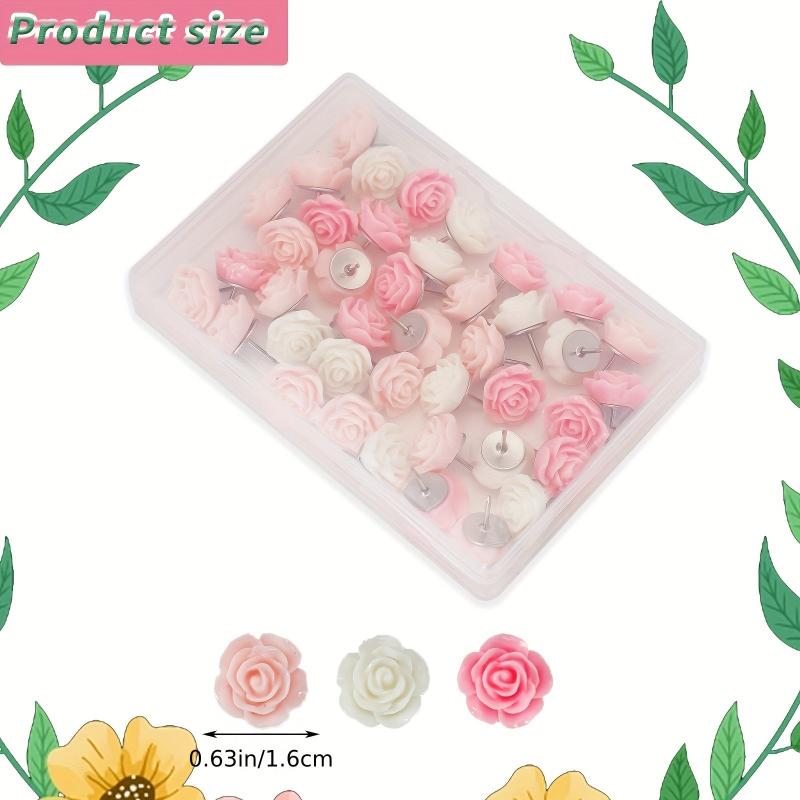 40pcs Rose Theme Push Pins Decorative Flower Cork Board Tacks