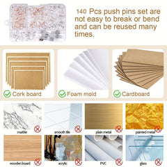 140pcs Clear Push Pins Set 5 Styles Thumb Tacks Clear Plastic Head Pushpins