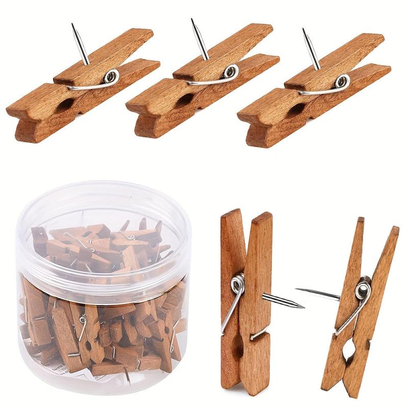30pcs Brown Wooden Clips Push Pins