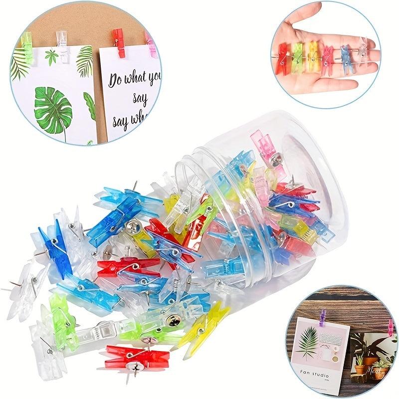 30 Colorful Push Pin Clips for Bulletin Board - Plastic Tacks