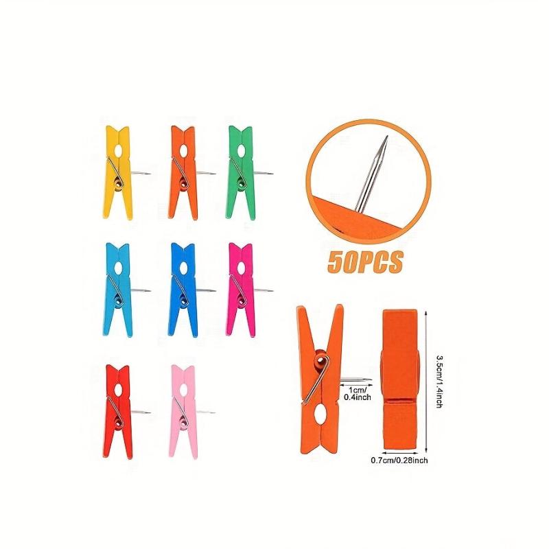 50pcs Wooden Push Pins with Clips for Cork Board Artworks