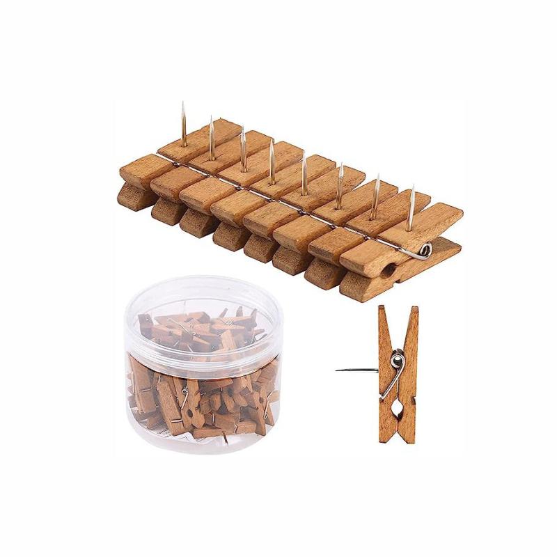 50pcs Wooden Push Pins with Clips for Cork Board Artworks