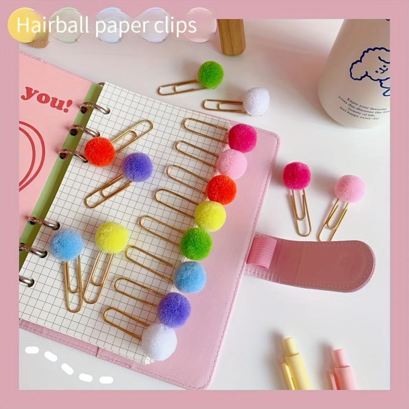 Colorful Fur Ball Paperclip Desk Artifact Journal Book Macaroon Metal Pin