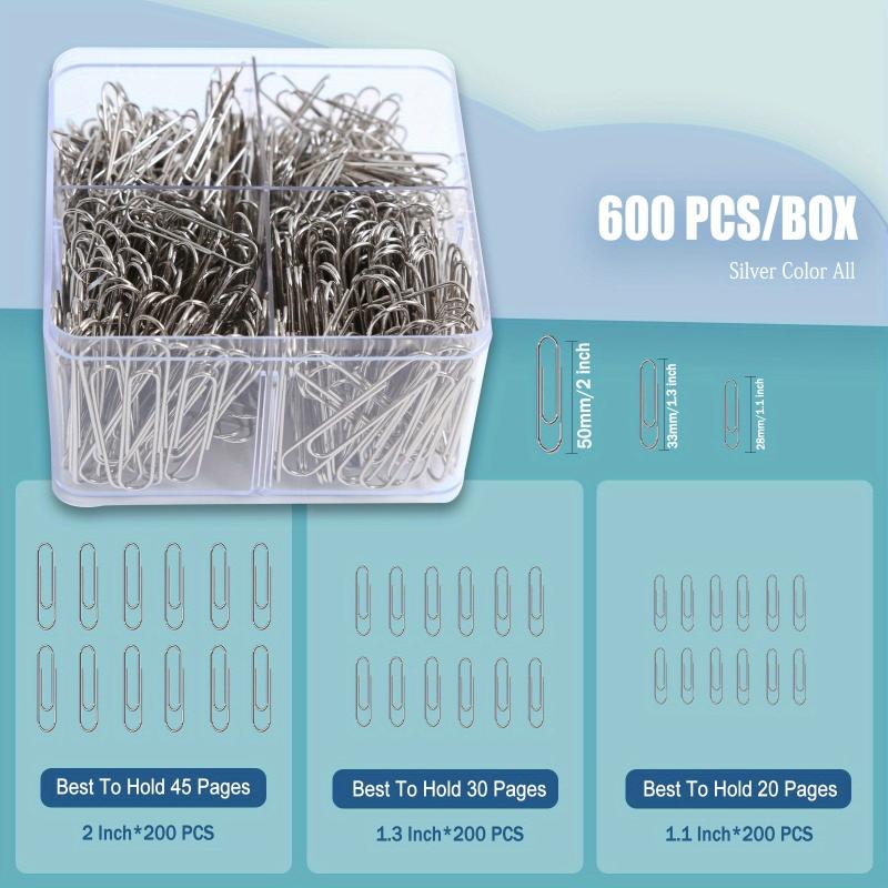 600pcs Silvery Paper Clips 28mm/33mm/50mm Reusable Office & School Supplies