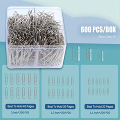 600pcs Silvery Paper Clips 28mm/33mm/50mm Reusable Office & School Supplies
