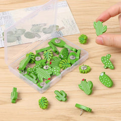 30pcs Wooden Cactus Plants Push Pins Decorative Leaf Thumb Tack