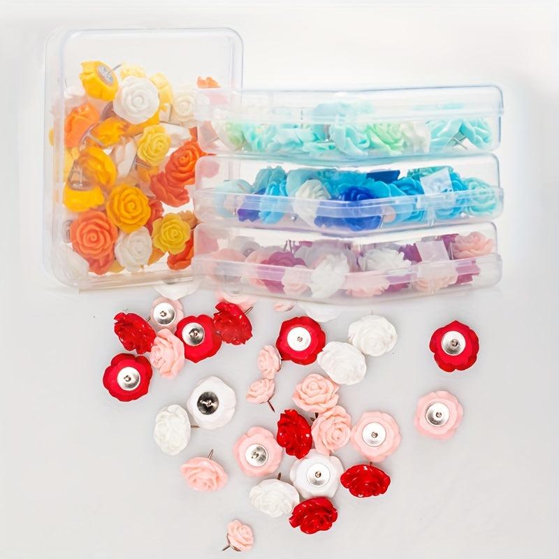 40pcs Rose Flower Pushpins in Box for Corkboard Office Map Bulletin Board