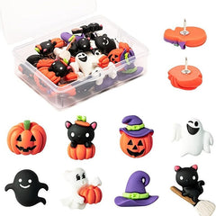 32pcs Halloween Themed Cork Metal Thumbnails Pumpkin Cat Decoration Box Set