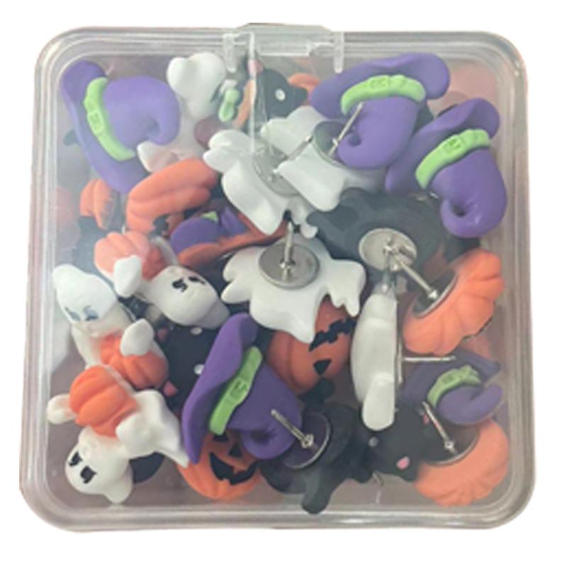 32pcs Halloween Themed Cork Metal Thumbnails Pumpkin Cat Decoration Box Set