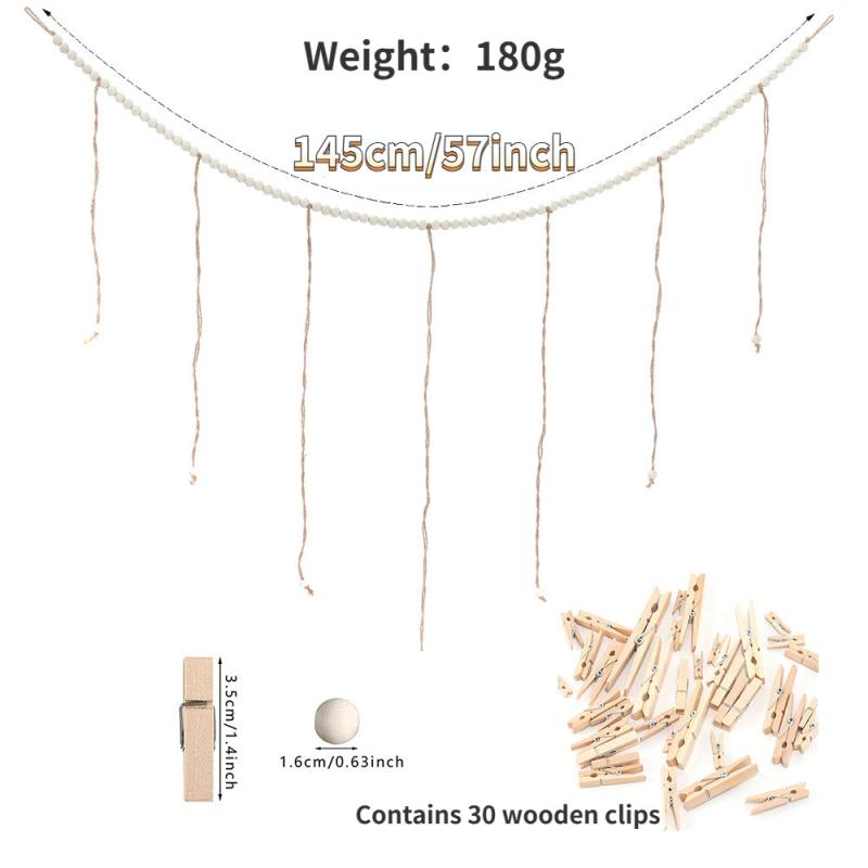 Wooden Bead Rope With 30 Clips 57in - Photo Display