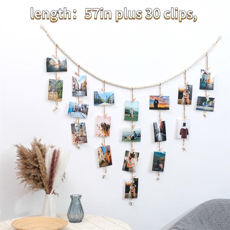 Wooden Bead Rope With 30 Clips 57in - Photo Display
