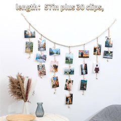 Wooden Bead Rope With 30 Clips 57in - Photo Display