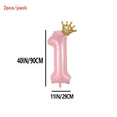 2pcs 40 Inch Pink Crown & Number Balloon Set Summer Party Supplies