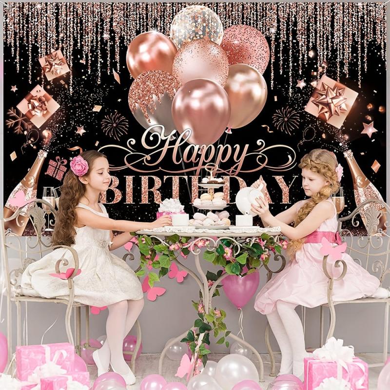 Glitter Balloon Birthday Party Backdrop Silvery Rose Golden Banner