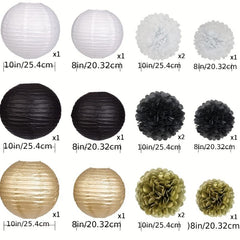 Golden Paper Lantern & Fan Set Birthday Party Decoration