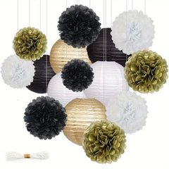 Golden Paper Lantern & Fan Set Birthday Party Decoration