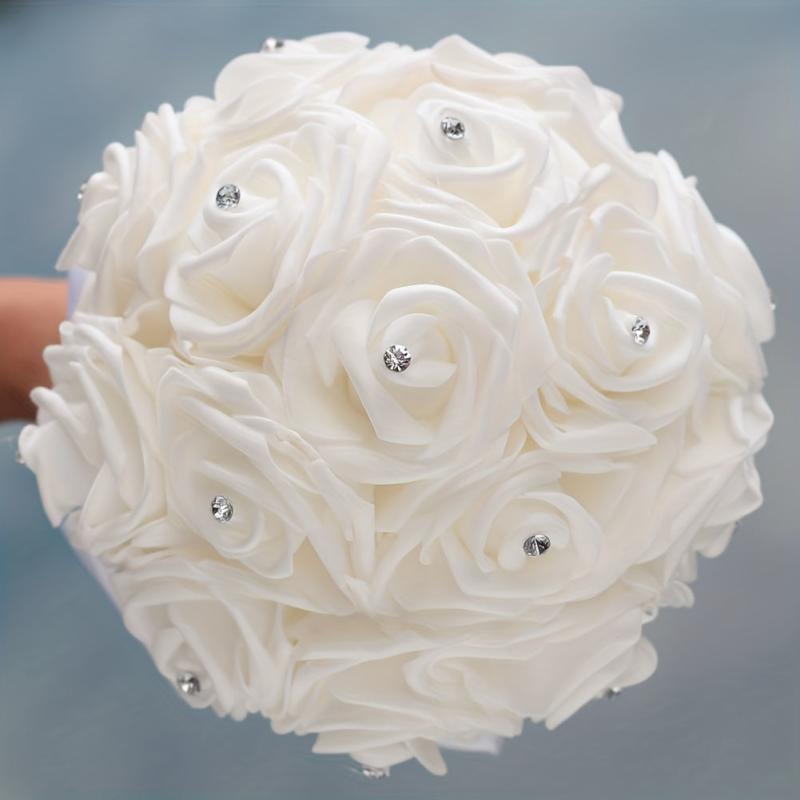 Ivory Cream Bouquet for Bride with Rhinestones and Soft Ribbons