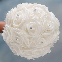 Ivory Cream Bouquet for Bride with Rhinestones and Soft Ribbons