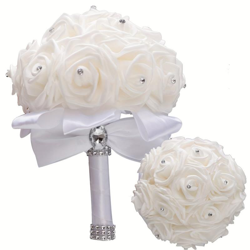 Ivory Cream Bouquet for Bride with Rhinestones and Soft Ribbons