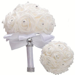 Ivory Cream Bouquet for Bride with Rhinestones and Soft Ribbons