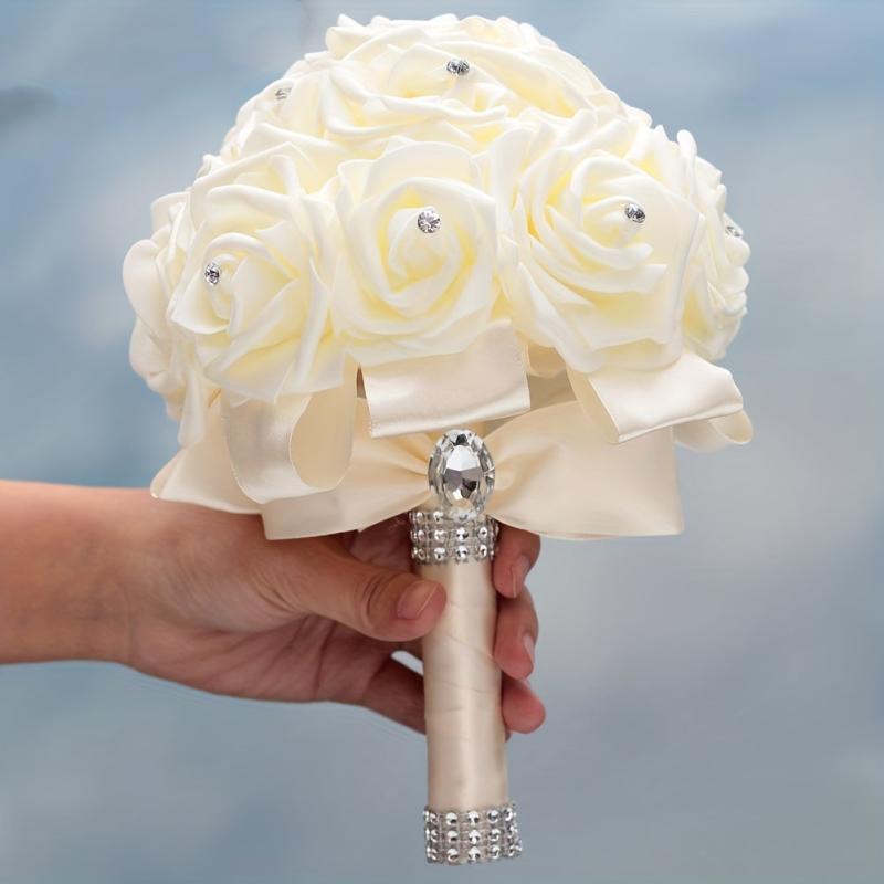 Ivory Cream Bouquet for Bride with Rhinestones and Soft Ribbons
