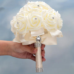 Ivory Cream Bouquet for Bride with Rhinestones and Soft Ribbons