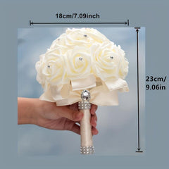 Ivory Cream Bouquet for Bride with Rhinestones and Soft Ribbons