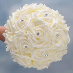Ivory Cream Bouquet for Bride with Rhinestones and Soft Ribbons