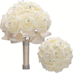 Ivory Cream Bouquet for Bride with Rhinestones and Soft Ribbons