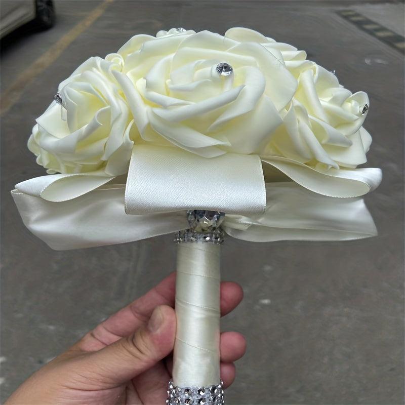 Ivory Cream Bouquet for Bride with Rhinestones and Soft Ribbons