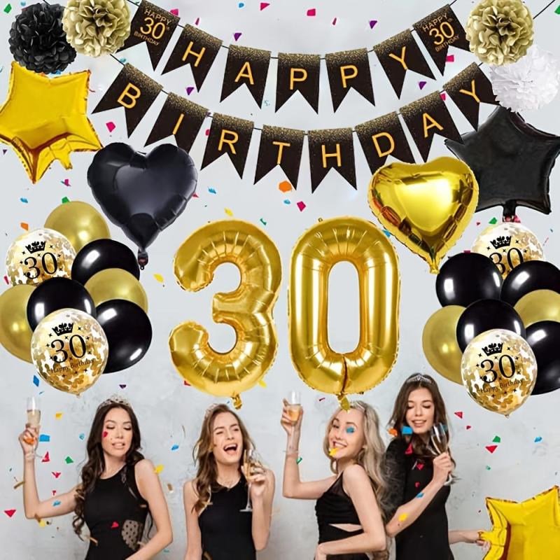 30th Birthday Balloon Kit Golden Balloons Confetti 30 Happy Birthday Pom Poms