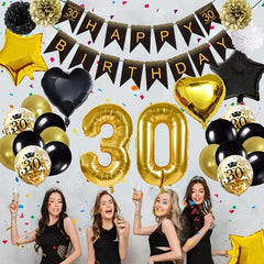 30th Birthday Balloon Kit Golden Balloons Confetti 30 Happy Birthday Pom Poms