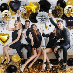 30th Birthday Balloon Kit Golden Balloons Confetti 30 Happy Birthday Pom Poms