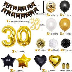 30th Birthday Balloon Kit Golden Balloons Confetti 30 Happy Birthday Pom Poms