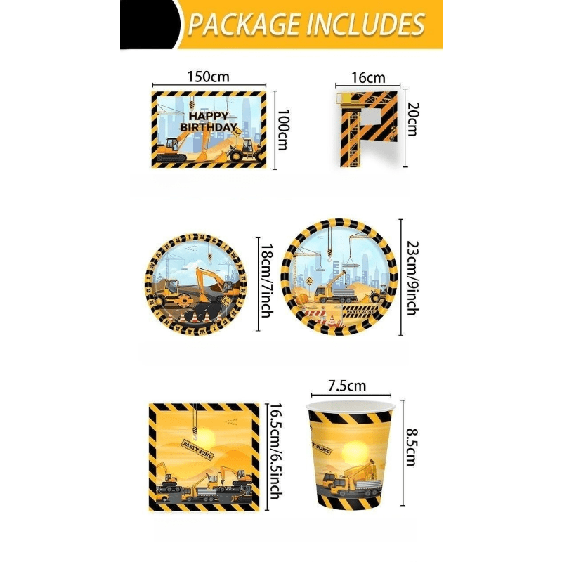Construction Vehicle Party Set - 16pcs Plates Cups Napkins Flag