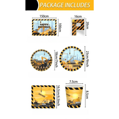 Construction Vehicle Party Set - 16pcs Plates Cups Napkins Flag