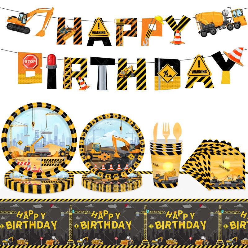 Construction Vehicle Party Set - 16pcs Plates Cups Napkins Flag
